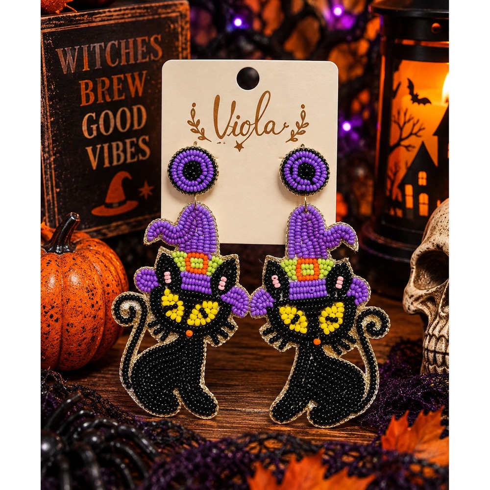 Black Cat Witch Halloween Seed Bead Earrings Purple Hat Spooky Statement